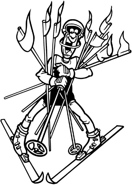 Snow skier with an armload of flags vinyl sticker. Customize on line. Sports 085-1023